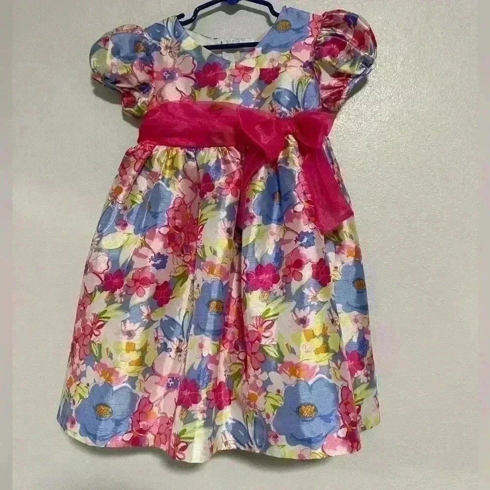 Ashley Ann Girls Floral Party Dress 4T Pink Blue Easter Spring Bow Waist Dress